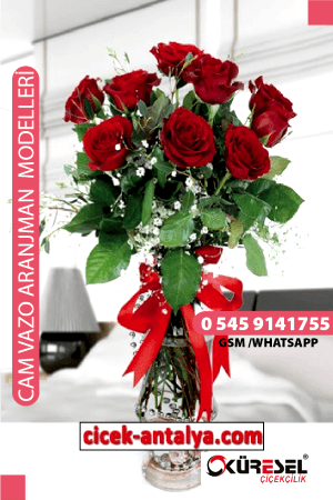 11 ADET KIRMIZI GÜL CAM VAZO ÜRÜN KODU CV66 Cam Vazolu Çiçek Aranjman