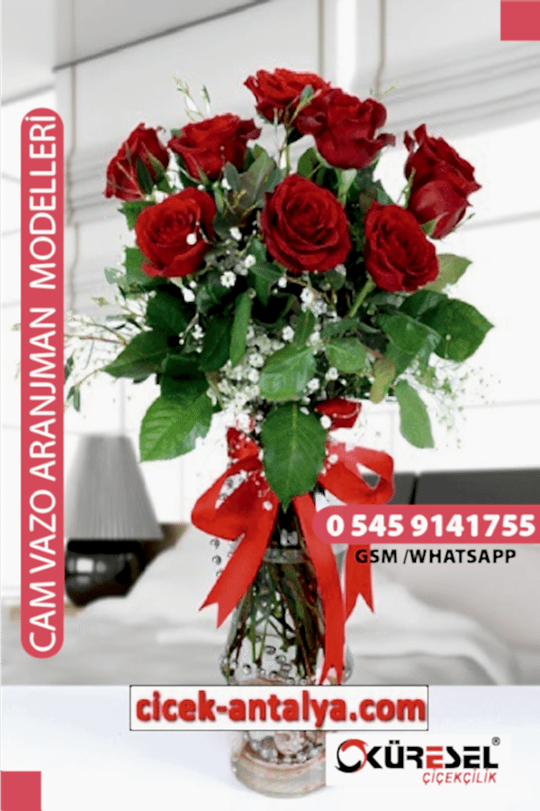11 ADET KIRMIZI GÜL CAM VAZO ÜRÜN KODU CV66 Cam Vazolu Çiçek Aranjman