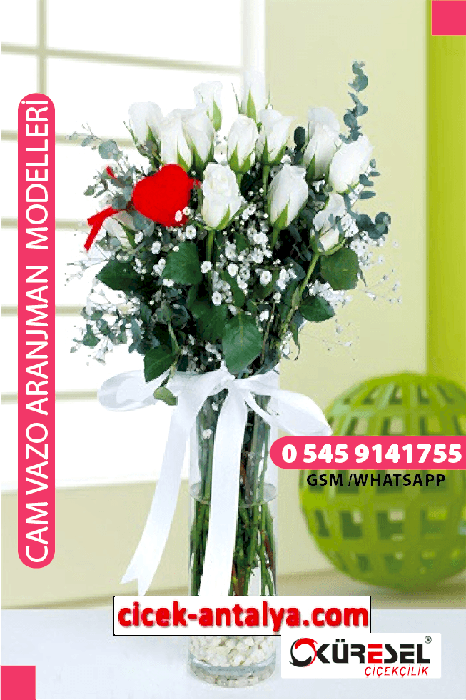 17 BEYAZ GÜL FANUS ÜRÜN KODU CV64 Cam Vazolu Çiçek Aranjman