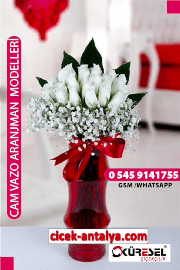 20 BEYAZ GÜL ÜRÜN KODU CV28 Cam Vazolu Çiçek Aranjman
