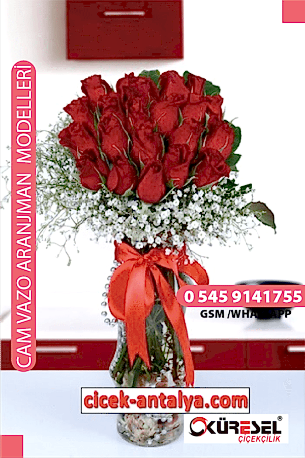 VAZODA 20 KIRMIZI GÜL ÜRÜN KODU CV08 Cam Vazolu Çiçek Aranjman vazoda 20 kirmizi gül