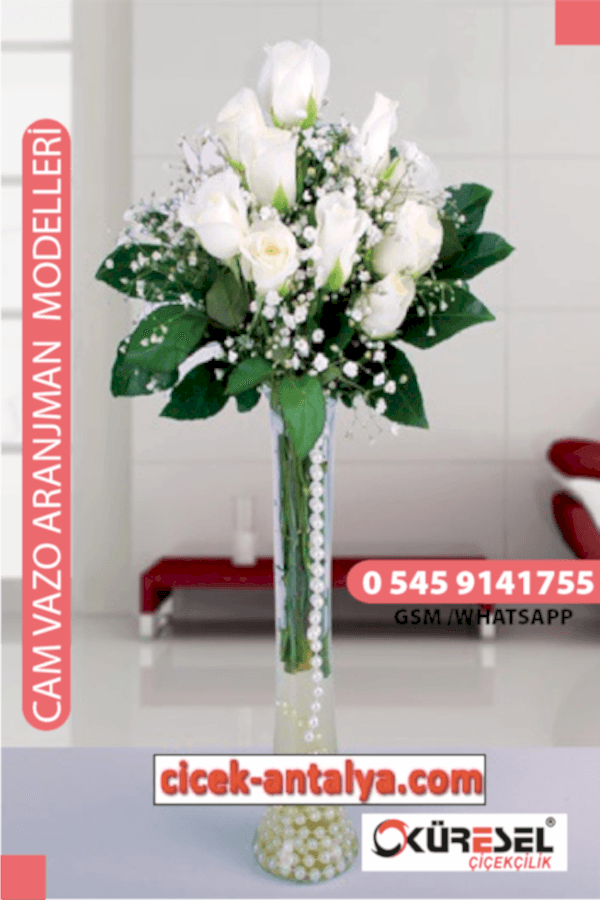 VAZODA BEYAZ GÜLLER ÜRÜN KODU CV20 Cam Vazolu Çiçek Aranjman vazoda beyaz gül